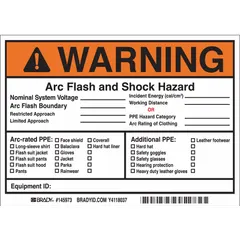 Vinyl adhesive sign (5-pack) with nominal size 5 in x 7 in. Displays arc flash and shock hazard warnings including nominal system voltage, arc flash boundary, and restricted/limited approach distances. Not retroreflective or glow-in-the-dark. Applied via adhesive mounting in areas requiring electrical safety warnings.