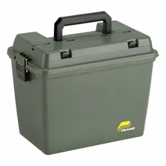 This plastic tool box from PLANO MOLDING measures 17 inches wide by 10 inches deep by 13 inches high. It features a green exterior, two compartments for organizing tools and parts, and a padlock for secure storage. Suitable for job sites or workshops.