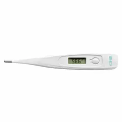 Digital thermometer for armpit or oral use. Provides temperature reading in degrees Celsius within 60 seconds. Includes probe covers. Overall length 4 7/8 inches.