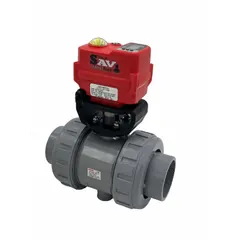 Two-way electrically-actuated ball valve with CPVC body and full-port ball. Actuator operates on 95 to 265V AC and includes a manual override. Used for on/off or flow control in industrial fluid handling systems handling corrosive or chemical media.