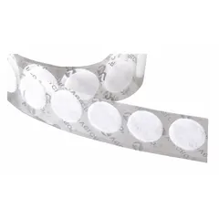 This pre-cut disc is a white loop fastener with a 5/8 in diameter, made of nylon with an acrylic adhesive backing. It is used for temporary fastening, cable management, and mounting lightweight components in industrial, electrical, and assembly applications where a clean, repositionable bond is needed.