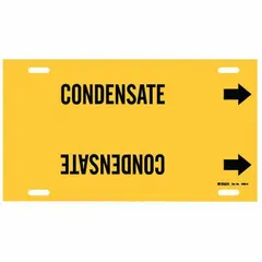 Yellow strap-on pipe marker with black legend reading 'Condensate' and directional arrows. Fits pipe outer diameters of 10 to 15 inches. Used to identify condensate piping in industrial facilities, supporting safety and compliance by clearly marking pipe contents and flow direction.