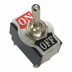 Single-pole single-throw toggle switch with Off/On function. Silver actuator with black stem. Panel mount design with two screw terminals. Suitable for manual on/off control in automotive electrical circuits.