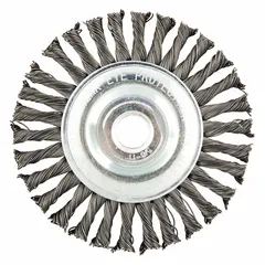This steel stringer bead brush is designed for weld cleaning on carbon steel. It removes slag, spatter, and oxidation from weld joints and surfaces in fabrication, maintenance, and repair applications across metalworking industries. The brush features a 4" diameter, 3/16" width, 5/8"-11 arbor, and 0.02" fill.