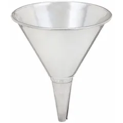 Steel spout funnel with 32 fl oz fluid capacity and removable 50 Grit Mesh Screen filter. Overall diameter 6 3/8 in, height 7 3/8 in, silver finish. Used for transferring fluids while filtering debris in automotive and workshop fluid handling tasks.