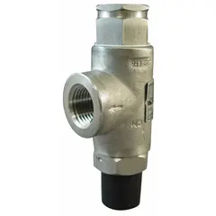 This non-code pressure relief valve is designed for overpressure protection in air, inert gas, and liquid systems. It features a stainless steel body with FNPT x MNPT connections, 3/8 in x 1/2 in size, and operates from -60°F to 406°F. Typical applications include industrial pneumatic circuits, hydraulic systems, and process piping.