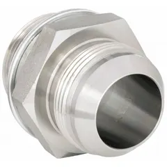 This rigid straight steel adapter has male NPTF threads on both ends for connecting two male NPTF ports in hydraulic systems. It provides a leak-resistant coupling for fluid power applications in industrial machinery and mobile equipment.