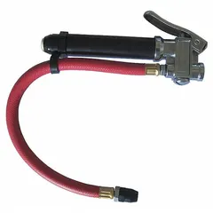 In-line single-tire inflator gauge constructed of zinc. Features 2 psi pressure increments and a 1/4 in thread size for connection to shop air lines or portable compressors. Used for checking and adjusting tire pressure in automotive and industrial settings.
