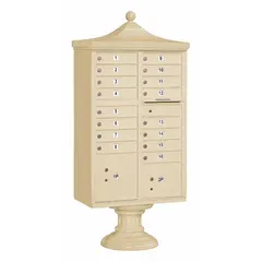 Horizontal multi-unit mailbox with 18 lockable front-access doors, designed for centralized mail distribution. Pedestal-mounted enclosure measures 71 3/4 in H x 31 in W x 18 1/2 in D. Suitable for residential communities, apartment complexes, or commercial facilities requiring secure mail delivery.