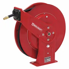 This spring-return hose reel is designed for pressure-washer applications, storing and deploying up to 50 ft of 3/8 in I.D. hose. It features a 1/4 in MNPT hose end configuration, a maximum operating pressure of 4,800 psi, and a nickel-plated steel swivel. The reel is finished in red and measures 19-3/4 in L x 7 in W x 20-1/4 in H.