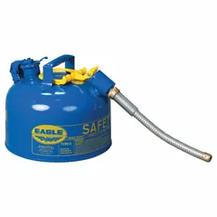 This EAGLE Type II safety can is designed for storing and dispensing kerosene. It has a 2 1/2 gallon capacity and includes a 5/8 inch outer diameter hose. The blue finish aids in content identification. Typical applications include controlled fueling of equipment in industrial and maintenance settings.