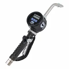 Manual digital metered preset dispense gun with pressure-activated operation. Stainless steel nozzle body and spout with rigid extension. 1/2 in NPT spout connection. Max flow rate 8 gpm. Wetted materials include acetal, aluminum, carbon steel, Geolast®, nitrile rubber, and stainless steel. Suitable for precise dispensing of lubricants, adhesives, and sealants in industrial fluid handling systems.