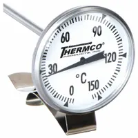 Clip-on dial thermometer for temperature monitoring in vats and pans. Features an 8-inch stem, +/- 1% accuracy, and Celsius scale from 0°C to 150°C. Suitable for food processing, industrial cooking, and laboratory applications