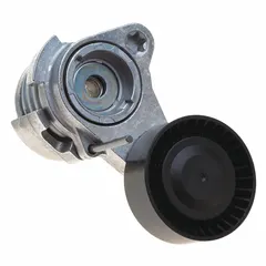 Self-adjusting belt tensioner with a single thermoplastic pulley. Designed for light-duty vehicle belt drive systems to maintain proper tension on serpentine or accessory belts. Suitable for applications requiring consistent tension for components such as alternators and water pumps.