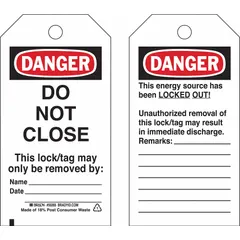 This polyester tag displays 'Danger' and is intended for use in lockout/tagout procedures to indicate an immediate hazard. It features a write-on surface for adding remarks and is designed to be attached to equipment or circuits that must not be operated until the tag is removed.