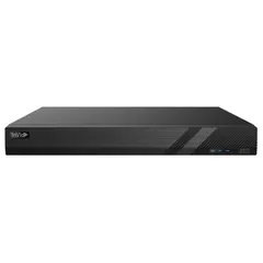 Hybrid video recorder supporting 8 analog camera inputs and 8 IP camera inputs. Features HDMI video output, 1000 Mbps network interface, and H.264/H.265 compression. Includes remote control and USB flash drive video export. Supports up to 2 external hard drives for storage expansion. Suitable for upgrading analog surveillance systems to IP.