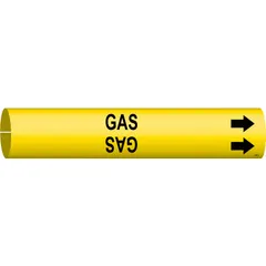 Yellow snap-on pipe marker with black 'Gas' legend and directional arrows. Fits pipe outer diameters from 1-1/2 to 2-3/8 inches. Used to identify gas piping and indicate flow direction in industrial facilities.