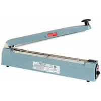Tabletop impulse heat sealer for sealing polyethylene bags and thermoplastic films. Maximum seal length 16 inches, seal width 2.5 mm, seal thickness 6 mil. Suitable for medium-duty packaging and product protection in industrial and warehouse settings