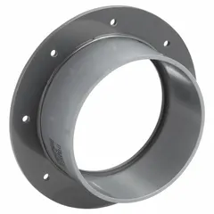 PVC flange adapter for 6-inch duct diameter. Overall length 10 inches, flange inner diameter 6 1/4 inches. Used to connect ductwork to flanged fittings in ventilation and exhaust systems.