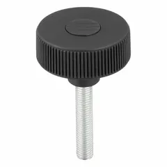 Knurled knob with threaded stud for manual clamping, positioning, and adjustment on machinery and fixtures. Plastic body with steel thread insert, M12 thread, 60 mm thread length, 63 mm diameter, gray color.