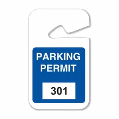 Plastic parking hanger in blue, supplied in packs of 100. Each hanger measures 4-3/4 inches in height and 2-3/4 inches in width. Used for designating authorized parking in facilities such as office lots, industrial sites, and gated communities.