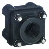 This bolt-on fitting is made of glass-filled polypropylene and features a 1 1/2 in female NPT threaded inside. It is used for mounting fittings through tank walls, providing a corrosion-resistant connection in fluid handling and storage applications