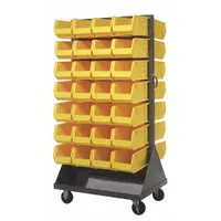 Gray steel louvered floor rack with 56 yellow plastic bins (8-1/4 in wide, 14-3/4 in deep, 7 in high). Equipped with two rigid casters with hard rubber tread for mobility. Used for organizing small parts, tools, or components in workshops, warehouses, and assembly areas