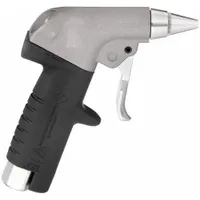This pistol-grip air gun features an aluminum body with a straight design and a solid conical tip nozzle for focused airflow. It has a 1/4 in female NPT connection and is suited for blow-off, cleaning, and drying tasks in industrial environments