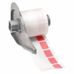 Red matte vinyl wraparound label for permanent wire and cable identification. Measures 1-1/2 in x 3/4 in and fits wire gauges 10 AWG to 4 AWG. Compatible with M710 printer series; requires M7-R6700-WT ribbon. Used in electrical panels, data centers, and manufacturing for marking circuits and conductors.