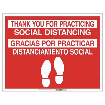 Tanda Covid 19 BRADY B819, 14X18, Eng/Span Soci: Ukuran Tanda Nominal 14 in x 18 in - Bilingual Spanish - Thank You For Practicing Social Distancing Floor Sign