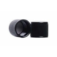 Black phenolic screw cap with a PTFE-faced rubber liner, designed for narrow-mouth glassware. Features a 15-415 mm screw closure size and is autoclavable. Suitable for laboratory sample storage and processing applications.