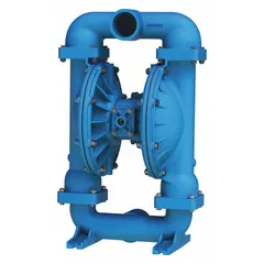 Aluminum housing air-operated double-diaphragm pump with 3-inch NPT connections. Delivers 285 gpm flow and 231 ft maximum head. Features EPDM seat material and Santoprene check valves. Suitable for transferring a wide range of fluids in industrial applications such as chemical processing, wastewater treatment, and mining.