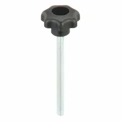 This 7-arm knob with threaded stud is designed for manual adjustment and clamping on machinery, jigs, and fixtures. It features a plastic body with a steel thread insert and M5 thread. The 25 mm diameter and 60 mm thread length provide a secure grip for assembly and positioning tasks.