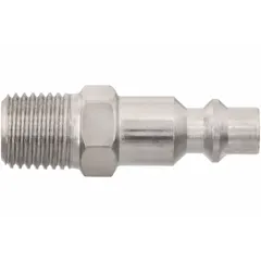 This steel quick-connect air coupling plug is designed for pneumatic systems, providing a secure connection between hoses, tools, and compressors. It features a 1/4" -18 MNPT male thread and a 1/4" hose fitting size, suitable for workshop and maintenance applications.