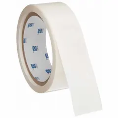 Clear polyester laminate roll with permanent adhesive, 1 3/8 in by 1 3/8 in. Used to overlay and protect printed labels from abrasion, chemicals, and moisture in industrial facility identification and asset tracking.