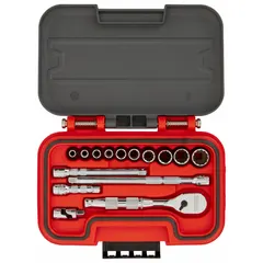 This 15-piece SAE socket set includes standard sockets ranging from 3/16 in to 9/16 in with a 1/4 in drive. Drive tools are included; socket bits are not. Suitable for tightening and loosening fasteners in general mechanical work where SAE fasteners are used.