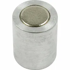 Round encased Alnico magnet with 3/8 in outside diameter and 0.5 in thickness. Provides 1.3 lbf maximum pull force. Suitable for light-duty holding, positioning, and sensing in industrial fixtures, jigs, and magnetic catch assemblies.