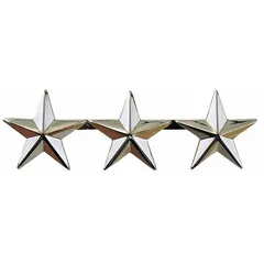 Metallic rank insignia featuring three stars, constructed of metal with a silver finish. Measures 5/8 in and attaches via a clutch pin. Used on uniforms to denote rank or position on collars, shoulder epaulets, or headgear.