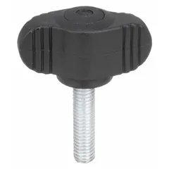 Wing knob with threaded stud for manual clamping, positioning, and adjustment on machinery and fixtures. Plastic body with steel threaded stud, M8 thread, 40 mm thread length, 28 mm diameter. Wing design enables quick hand tightening without tools.