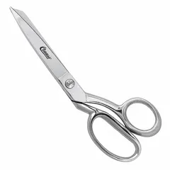 Straight, pointed steel blades with silver finish. 8-inch overall length. Offset design for right-hand use. Suitable for cutting carpet, heavy textiles, and upholstery materials.