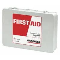 Portable metal first aid cabinet for general purpose use, serving 75 people. Contains 218 bulk components including (6) fingertip bandages, one elastic bandage, and (2) eyewash. White housing. Complies with OSHA 29 CFR 1910.151(b)