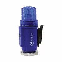 Blue LED vehicle flashing beacon with round shape, magnetic mount, and magnet base. Operates at 1.5V with a single flash pattern. Overall height 5 1/2 in, width 2 in. Used for warning and visibility on service trucks, tow vehicles, or construction equipment