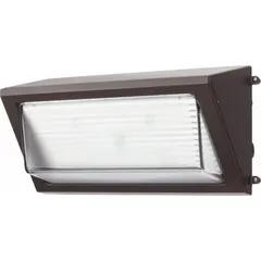 LED full-size wall pack delivering 16,800 lumens at 120 watts with selectable 3000K/4000K/5000K color temperature. Features Type IV distribution for perimeter lighting on commercial and industrial buildings. Operates on 120 to 277V AC and measures 9 5/8 inches in overall height. Suitable for illuminating loading docks, building entrances, and parking areas.