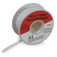 This sanitary packing is made from PTFE with a PTFE lubricant, featuring a 7/32-inch round profile and 7-foot length. It is FDA approved and rated for a maximum steam temperature of 500 °F. Suitable for sealing valve stems in hygienic processing applications.