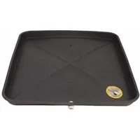 Black plastic condensate drain pan measuring 50 inches long, 29 inches wide, and 2 inches deep. Features a long side discharge for condensate collection in HVAC systems. Suitable for use with air handlers and furnaces in commercial and industrial settings