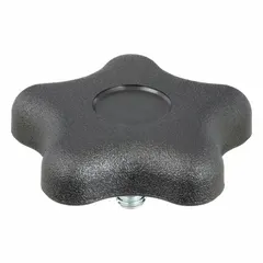 This 5-arm knob features a plastic body with a steel threaded stud. The thread size is 5/16"-18 with a thread length of 0.5 inches. It is used for manual clamping, positioning, and adjustment on industrial machinery, jigs, and fixtures.