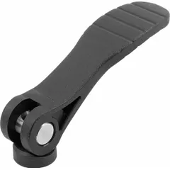This cam lever features a plastic handle with a steel threaded insert in #10-32 size and a 71.5 mm handle length. It is used for manual clamping and quick adjustment in industrial fixturing, jigs, and workholding applications where secure positioning is required.