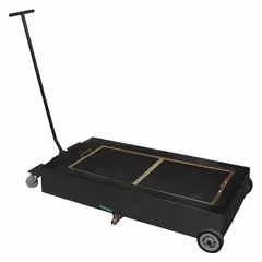This low-profile truck drain is constructed from steel with a black finish. It has an 18-gallon capacity and overall dimensions of 49 inches long, 26 inches wide, and 7 1/2 inches high. Designed to slide under trucks and heavy equipment for collecting waste oil and fluids during maintenance.