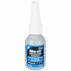 Blue, medium-strength threadlocker that cures without primer. Oil-tolerant formula secures threaded fasteners against vibration loosening. Suitable for use on bolts, nuts, and screws in machinery, pumps, and power transmission equipment. Supplied in a 0.34 fl oz bottle.