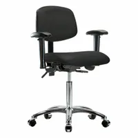 This vinyl lab chair includes arms and features an aluminum base. Seat width is 18 1/2 in, seat depth is 17 in, and height adjusts from 21 1/2 in to 29 in. Back tilt ranges 10.5° forward to 13.5° backward. Not ESD safe, no foot support. Suitable for laboratory and industrial workstations